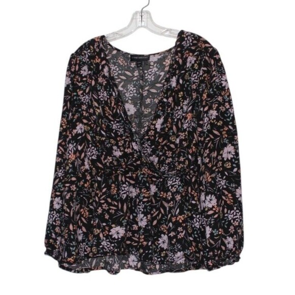 Lane Bryant Long Sleeve Elastic Cuffs Peplum Blouse Shirt Sz 22/24 Black Floral - Picture 1 of 7